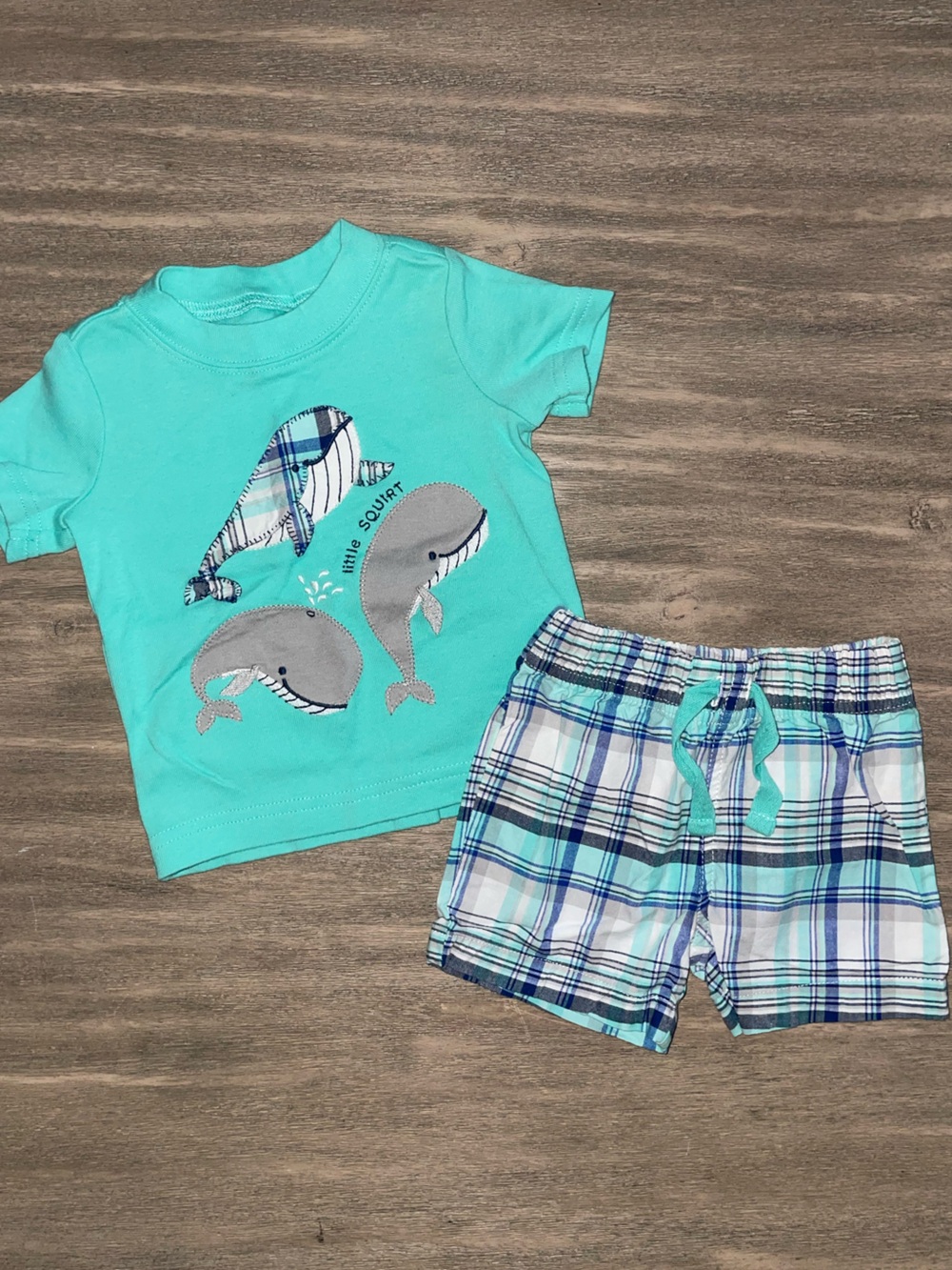 Toddler Boy 2-Piece "Little Squirt" Whale Tee & Plaid Shorts Summer Set - Picture 1 of 8